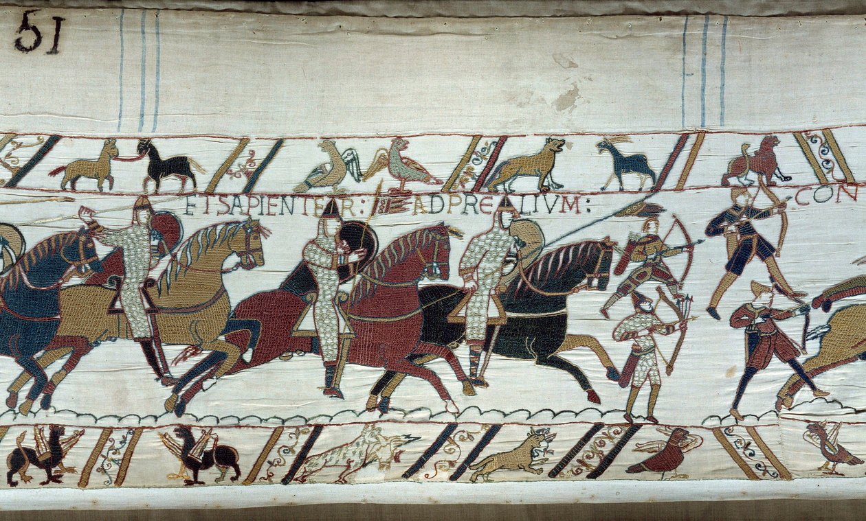 Conquete of England by the Duke of Normandy William the Conquerant (1027-1087) in 1066: the beginning of the Battle of Hastings Detail of Bayeux Tapestry or Embroidery of Queen Mathilde بواسطة فنان غير معروف