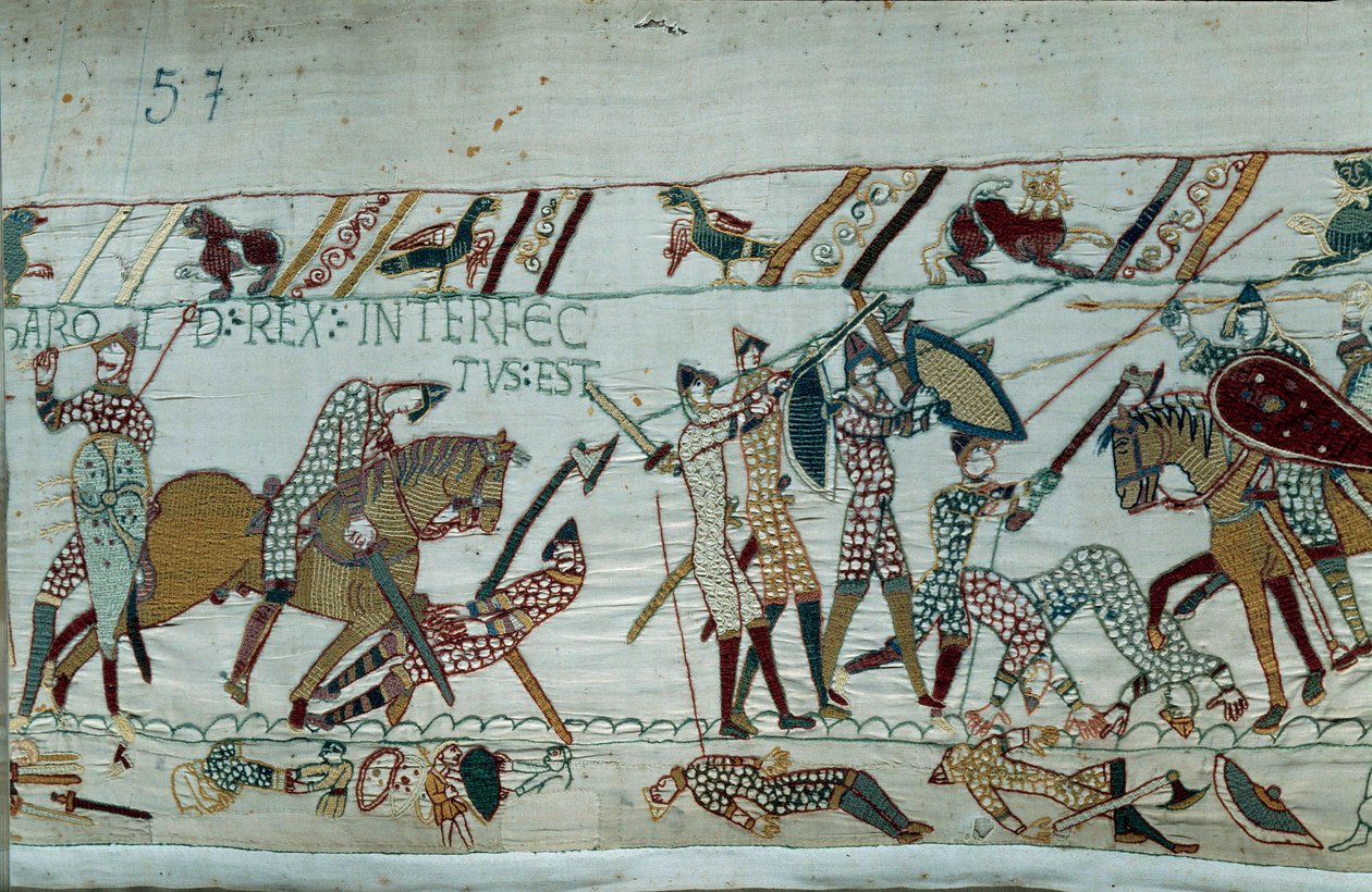 غزو إنجلترا من قبل دوق نورماندي ويليام الفاتح (1027-1087) عام 1066: وفاة الملك هارولد الثاني بسهم في العين في معركة هاستينغز تفاصيل نسيج بايو أو تطريز الملكة ماتيلد بواسطة فنان غير معروف