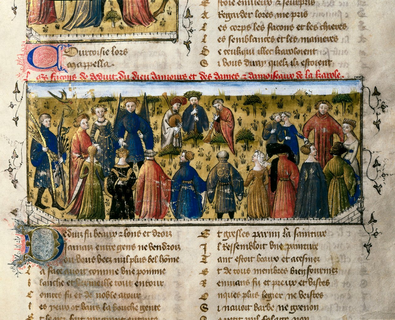 Court entertainments: dances and games. The scene takes place in the presence of the gods of Love, Beauty, Delivery, Franchise, Courtesy and Youth. Miniature from “" The Roman of the Rose "”. 14th century Valencia. University library. ©AISA/Leemage بواسطة فنان غير معروف