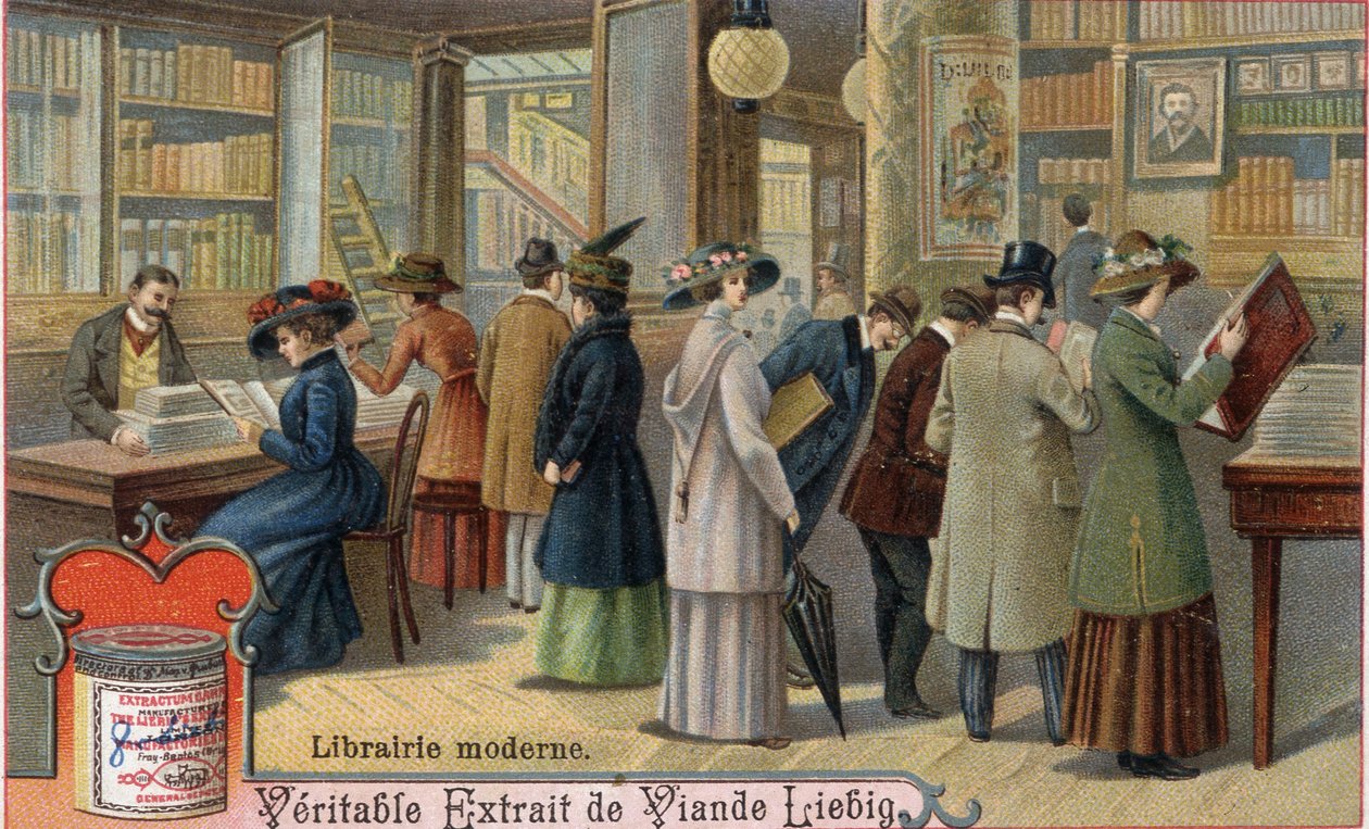 عملاء وبائع كتب في مكتبة حديثة ، أواخر القرن التاسع عشر. Chromolithography ، صورة Liebig. بواسطة فنان غير معروف