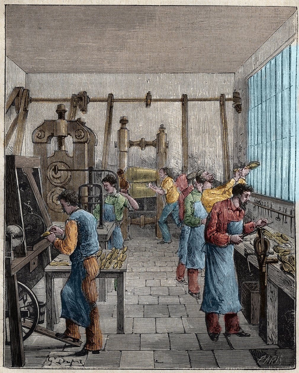 ورشة تصنيع أدوات المائدة (Posate) في فرنسا في القرن التاسع عشر. نقش من عام 1885 في "" Les Arts et metiers Illustres "" لأدولف بيتارد. بواسطة فنان غير معروف
