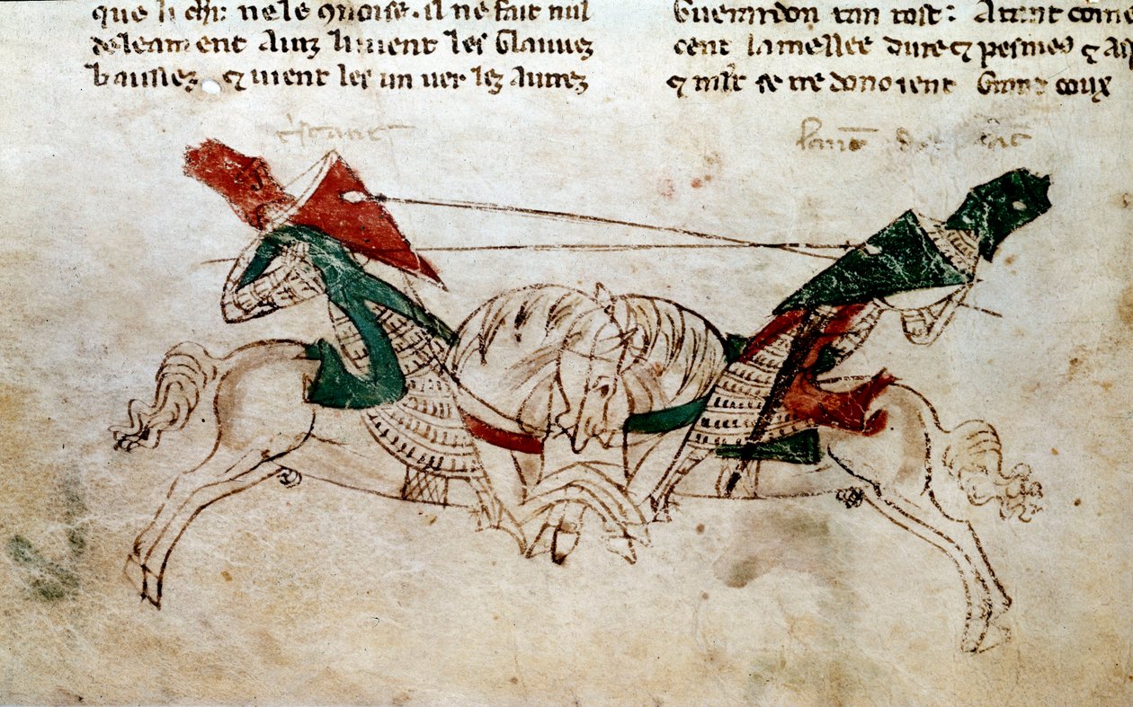 Cycle of King Arthur: “” Battle of Lancelot and Tristan”” Miniature taken from “” The novel by Meliadus de Leonnoys: together several other noble feats of knight faicts by King Arthur, Palamedes and Galliot de Pre”” by Rustichello (Rustician, Rusticiano) o بواسطة فنان غير معروف