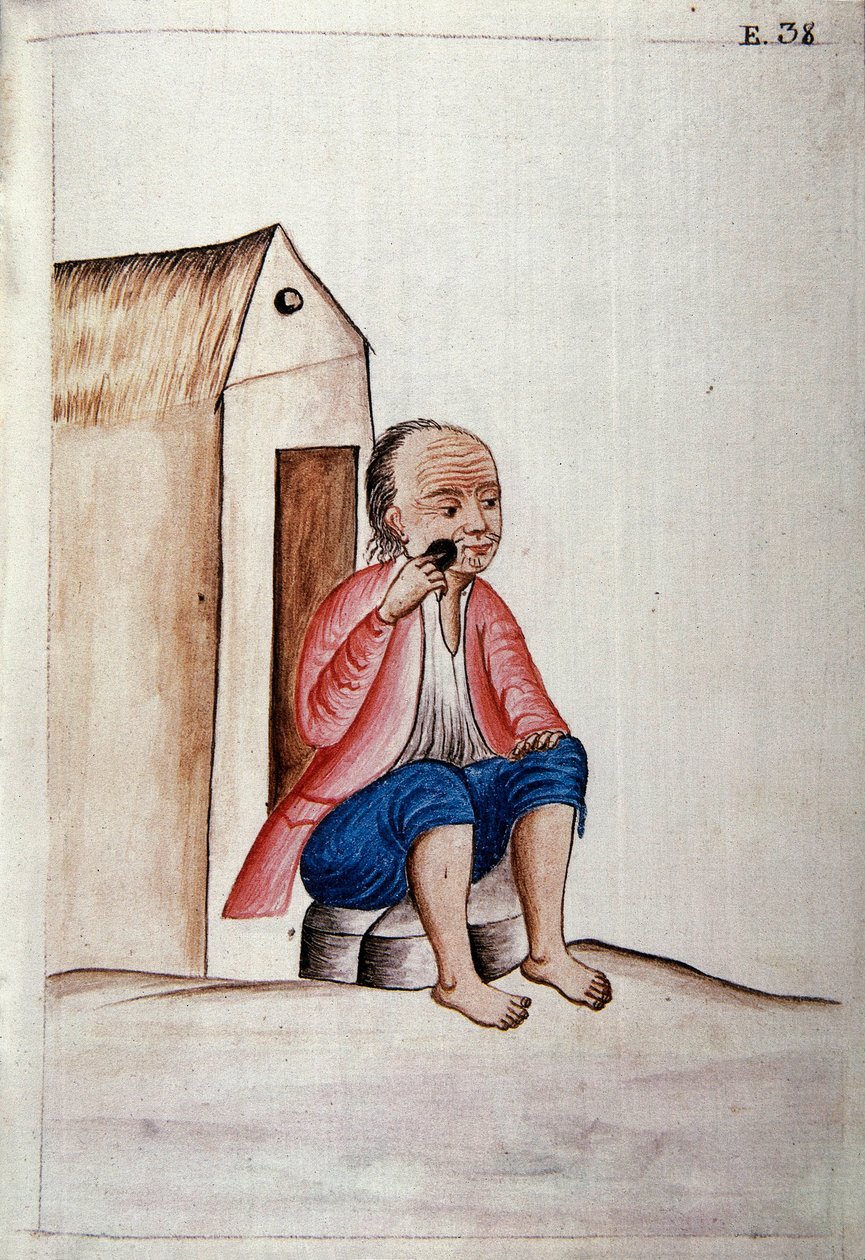 الحياة اليومية والعادات في بيرو: "" الهندي يحلق لحيته على عتبة بابه "" ألوان مائية مأخوذة من كتاب "تروخيو ديل بيرو" من تأليف بالتاسار مارتينيز كومبانيون إي باجاندا ، أسقف تروخيو (1782-1785). القرن الثامن عشر مدريد. مكتبة ديل ب بواسطة فنان غير معروف