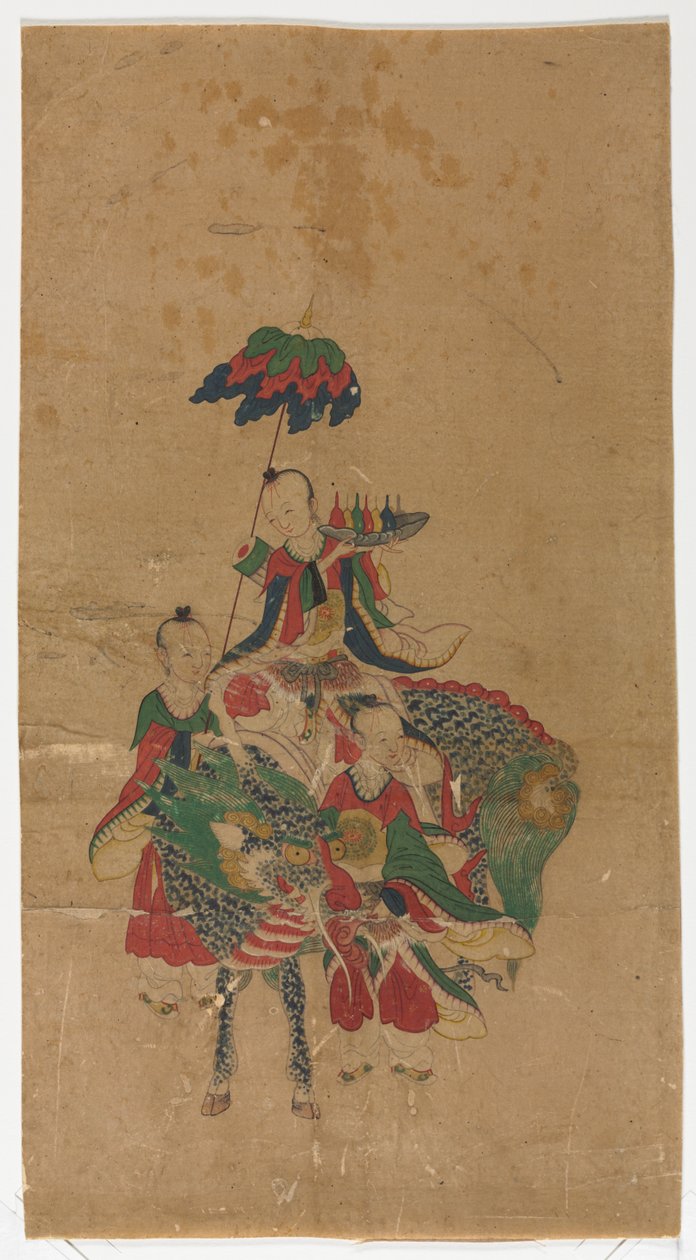 Daoist Immortal على Qilin واثنين من المرافقين بواسطة فنان غير معروف