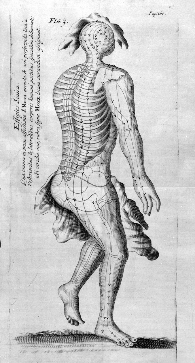 De Acupunctura بواسطة W.Ten Rhijne. لندن 1683. أول نص غربي يعالج الوخز بالإبر. بواسطة فنان غير معروف