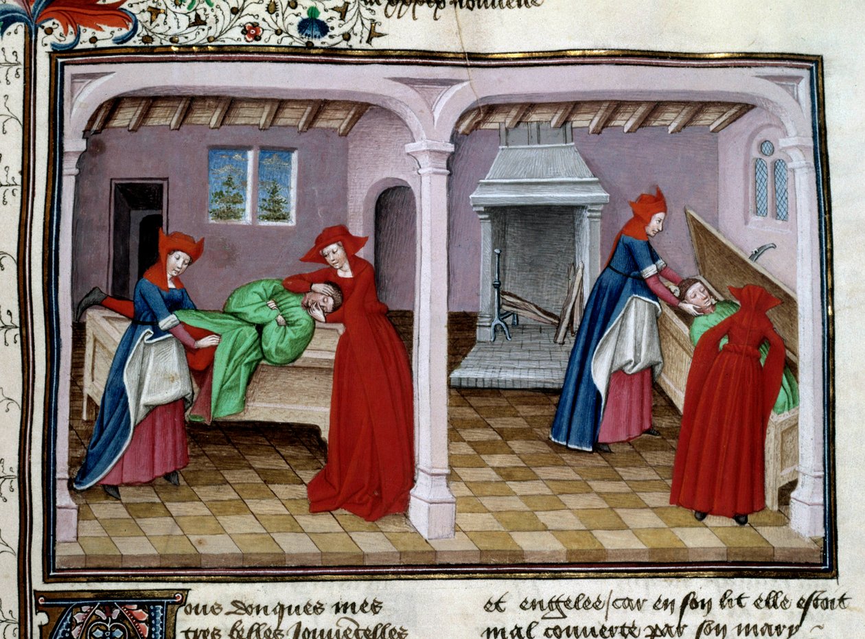 Death A patient has agony. After his death, his body is placed in a coffin. Miniature from “” Le decameron”” by Jean Boccaccio (Giovanni Boccaccio) (1313-1375) 1450 Paris, library of the Arsenal بواسطة فنان غير معروف