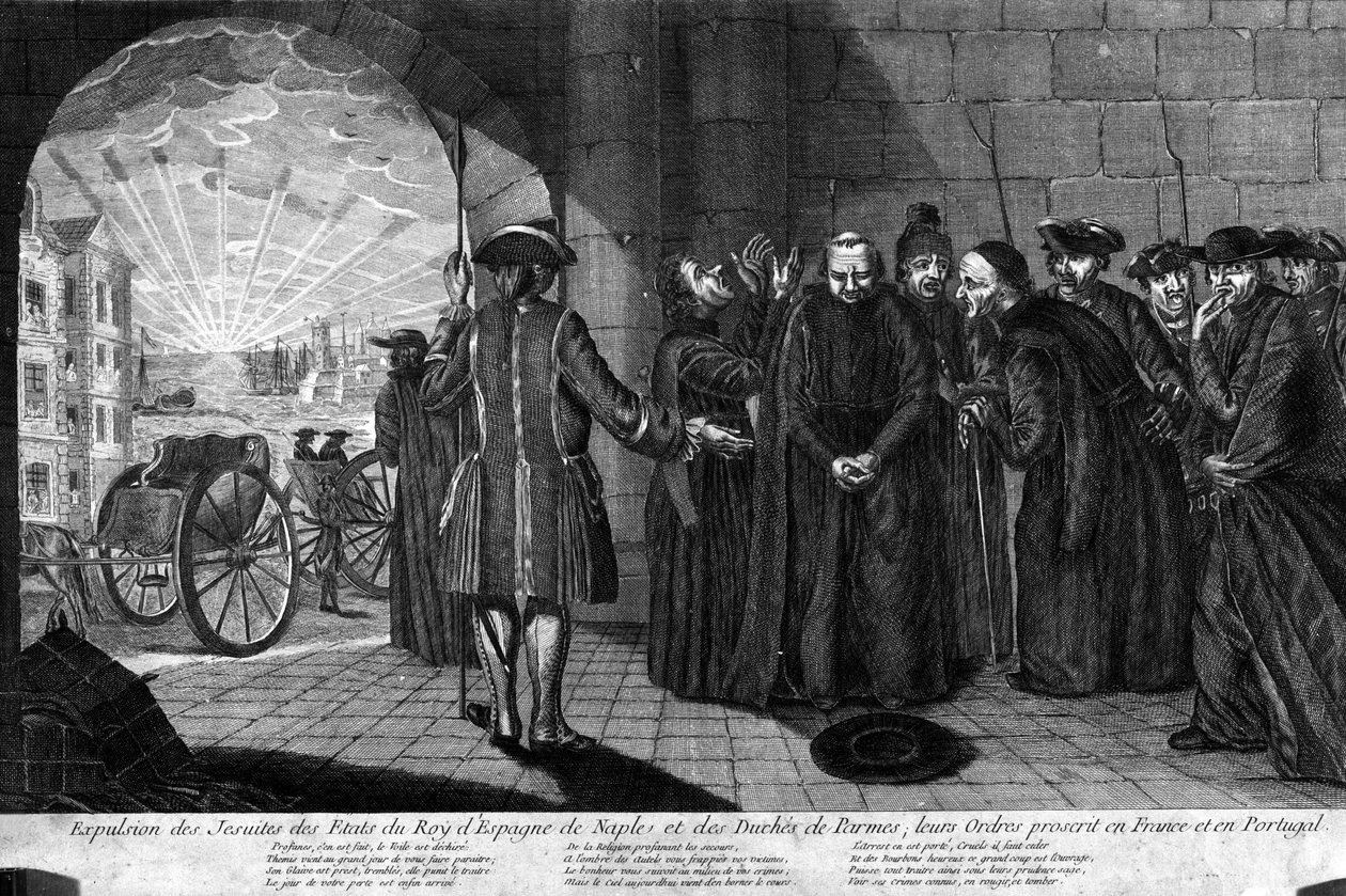 ترحيل اليسوعيين في 21/7/1773: طرد اليسوعيين من ولايات ملك إسبانيا ونابولي ودوقية بارما ، وتم حظر أوامرهم في فرنسا والبرتغال. نقش من بداية القرن التاسع عشر بواسطة فنان غير معروف
