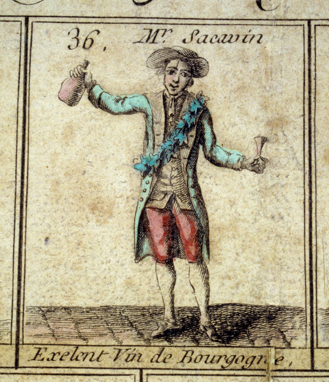 تفاصيل لعبة Goose of the Cree of Paris: السيد Sacavin ، شارب النبيذ من Bourgogne. نقش القرن الثامن عشر. كول. اذهب. بواسطة فنان غير معروف