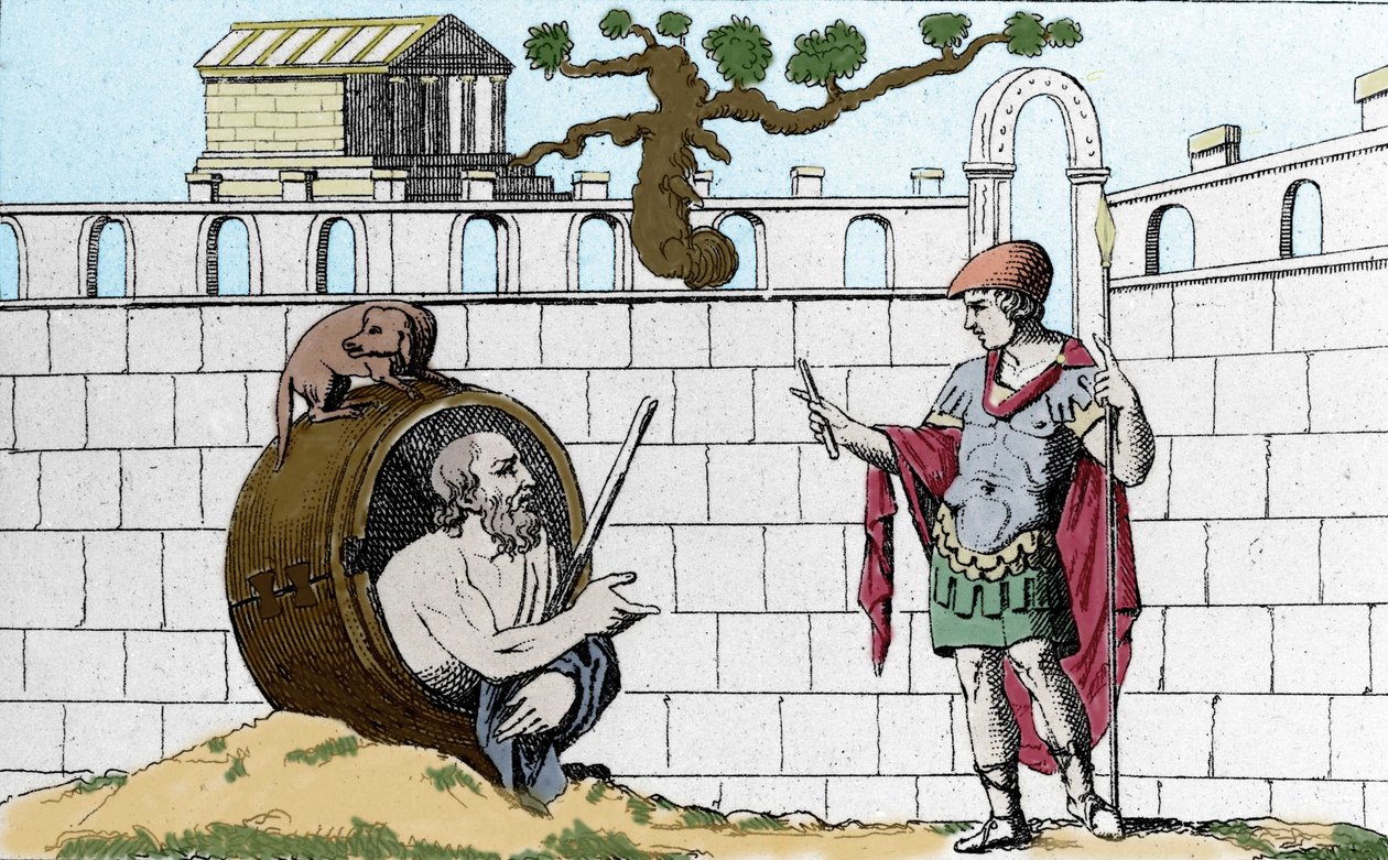يقول الفيلسوف اليوناني Diogenus the Cynic (413-327 قبل الميلاد) في برميله للإسكندر الأكبر "" دعك ترى شمسي "". بواسطة فنان غير معروف