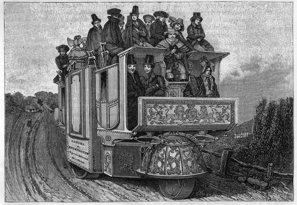سيارة دكتور غورتش الميكانيكية ذات العجلات الثلاث بنيت في برمنغهام عام 1833. نقش إيطالي من القرن التاسع عشر. بواسطة فنان غير معروف