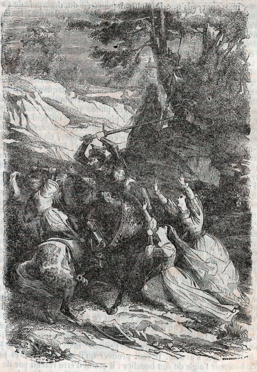 يريد دوراليس وإيزابيل فصل Mandricard و Zerbin - نقش 1851 عن "" Roland furieux " بواسطة فنان غير معروف