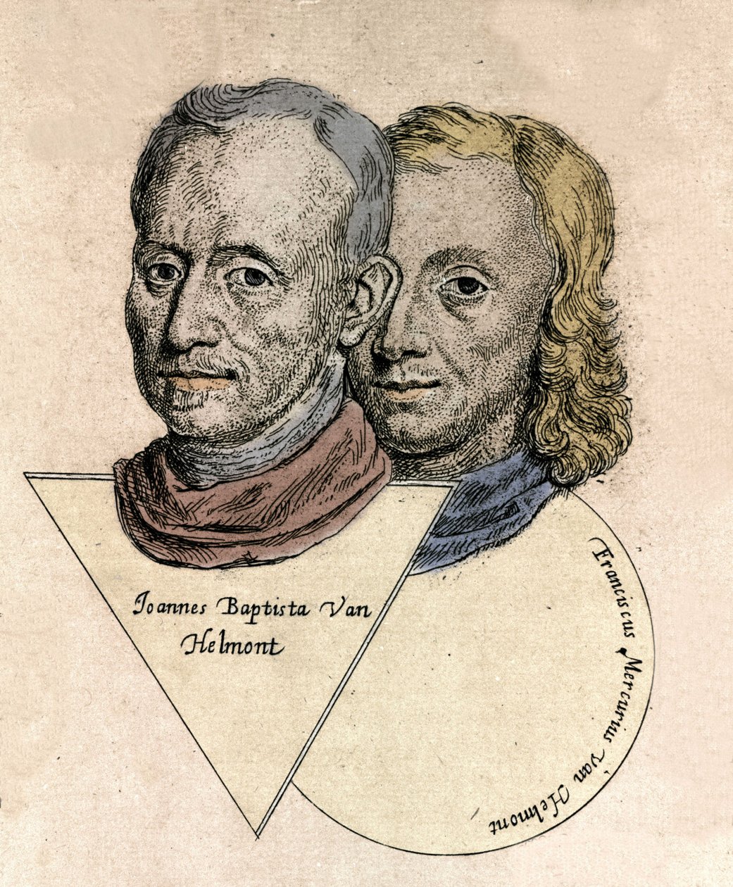 صورة مزدوجة للكيميائي البلجيكي جان بابتيست فان هيلمونت (جان بابتيست فان هيلمونت) (1577-1644) وفرانسوا ميركيور فان هيلمونت (1614-1699). نقش بواسطة فنان غير معروف