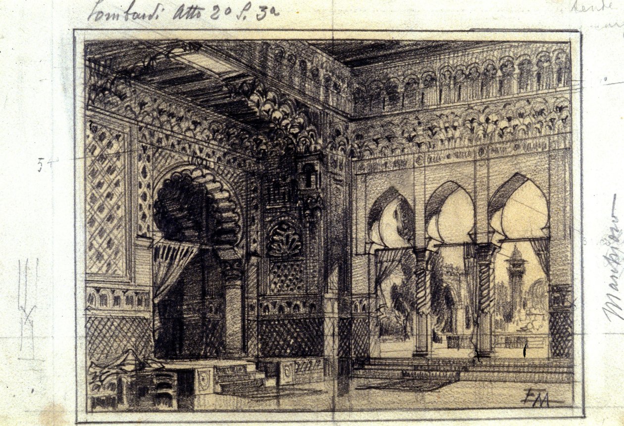 رسم لتزيين المشهد الثالث من الفصل الثاني لأوبرا "أنا لومباردي" أو "اللومبارد في الحملة الصليبية الأولى" من تأليف جوزيبي فيردي (1813 - 1901) في عام 1843. بواسطة فنان غير معروف