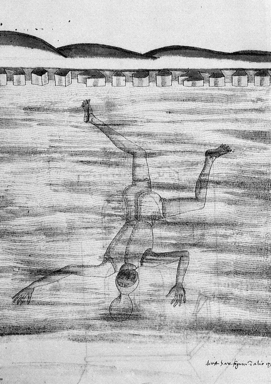 رسم من القرن الخامس عشر يظهر رجلاً يدخل الماء مع نوع من القناع. بواسطة فنان غير معروف