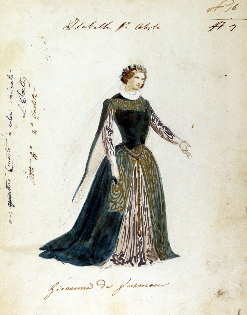 رسم زي لشخصية إيزابيلا في أوبرا "" I vespri siciliani "(صلاة الغروب الصقلية) من تأليف جوزيبي فيردي. عنوان الأوبرا للأداء الأول كان "جيوفانا دا جوزمان". زي مجهول صنع لمسرح سكالا بواسطة فنان غير معروف