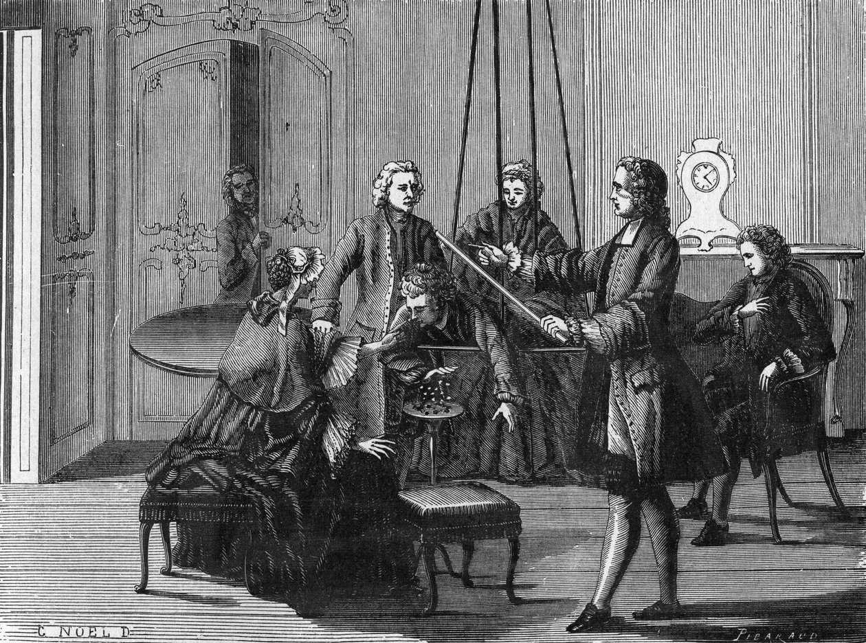 تجربة دوفاي. أظهر تشارلز فرانسوا دو فاي (دوفاي؟) (1698 - 1739) ، الكيميائي والفيزيائي الفرنسي أن الشرارات الكهربائية يمكن استخلاصها من جسم الإنسان. نقش من ألبوم العلوم. فرنسا القرن التاسع عشر. بواسطة فنان غير معروف