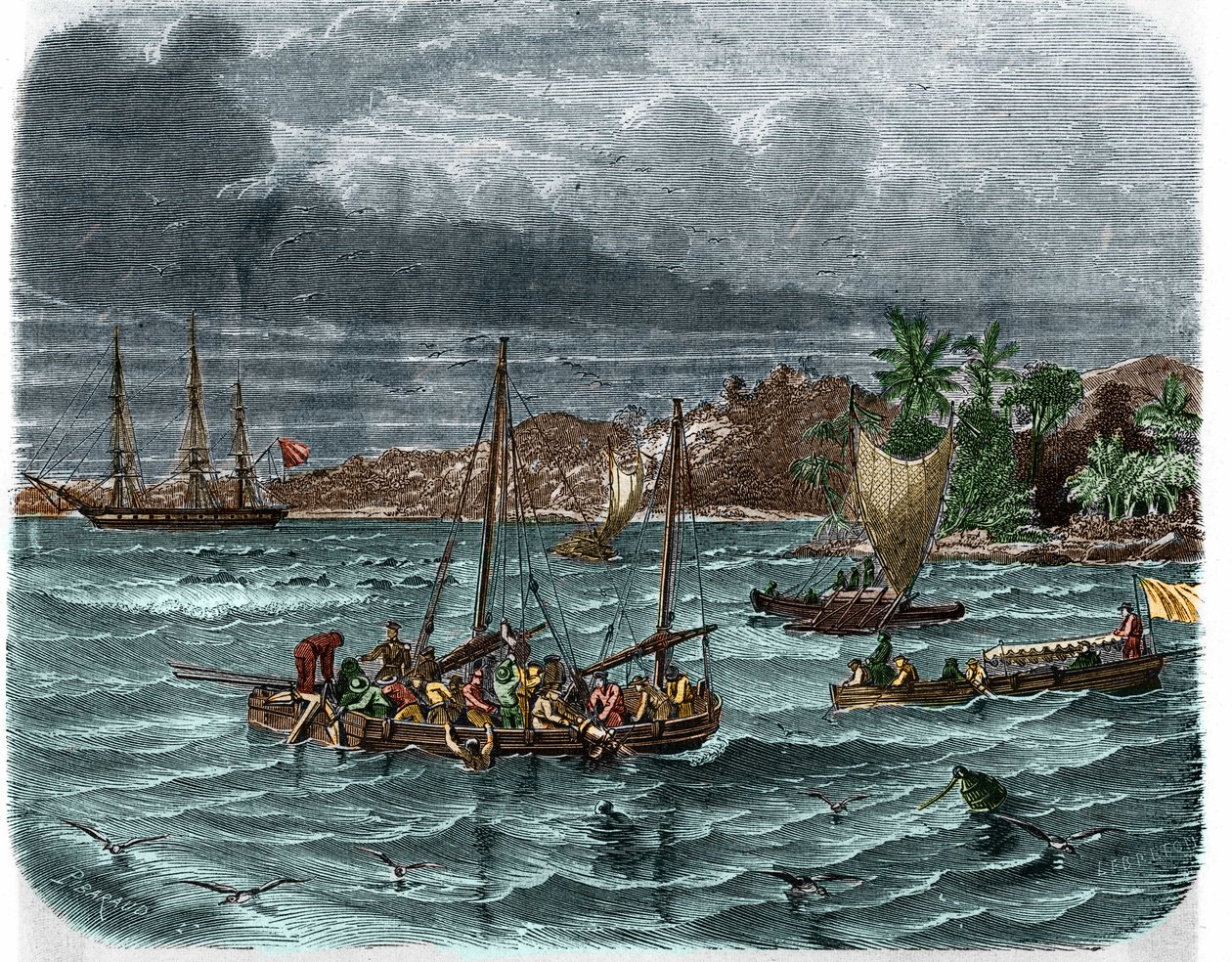 Dumont d'Urville (1790-1842) ، ملاح فرنسي مع طاقم "l'astrolabe" (الاسم الجديد لـ "Coquille") يجمع حطام سفينة جان فرانسوا غالوب ، كونت لا بيرووس (جان فرانسوا لابيروس بواسطة فنان غير معروف