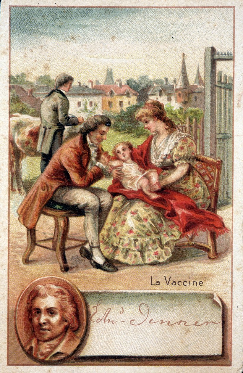 قام الطبيب الإنجليزي إدوارد جينر (1749-1823) بتطعيم طفل بفيروس الجدري عام 1796. بواسطة فنان غير معروف