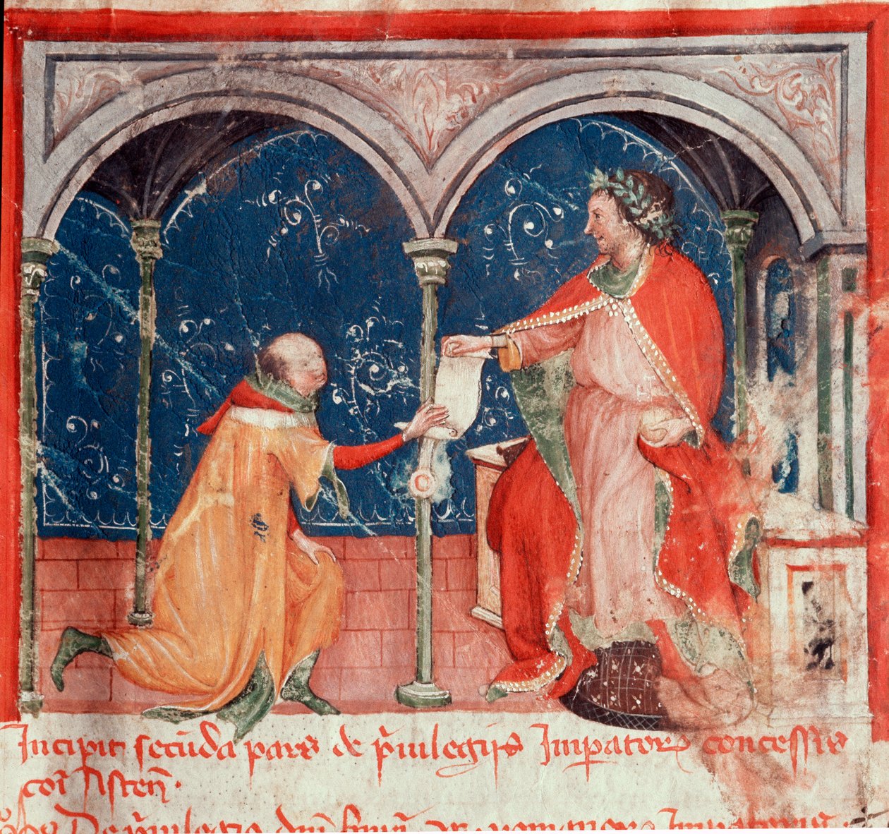 Emperor Frederic II of Hohenstaufen (1194-1250) conceiving privileges to the city of Asti Miniature taken from “Codex Astensis” (or Malabayla), chronicles on the city of Asti between 1065 and 1353. 14th century. Preserve in the mayor of Asti بواسطة فنان غير معروف