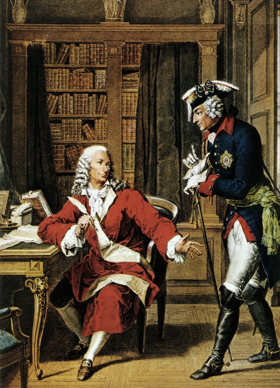 زار الإمبراطور فريدريك الثاني الكبير (1712-1786) الفيلسوف فولتير (1694 - 1778). النقش في القرن الثامن عشر. بواسطة فنان غير معروف