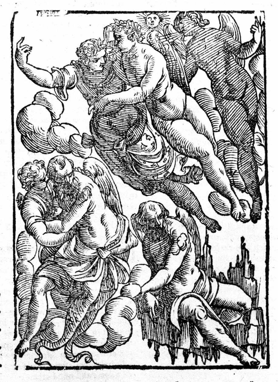 إيول (أسفل اليمين) والرياح. "Mythologiae أو تفسيرات المسرحية" أعط عدد عيد الميلاد. بادوفا ، 1677. بواسطة فنان غير معروف