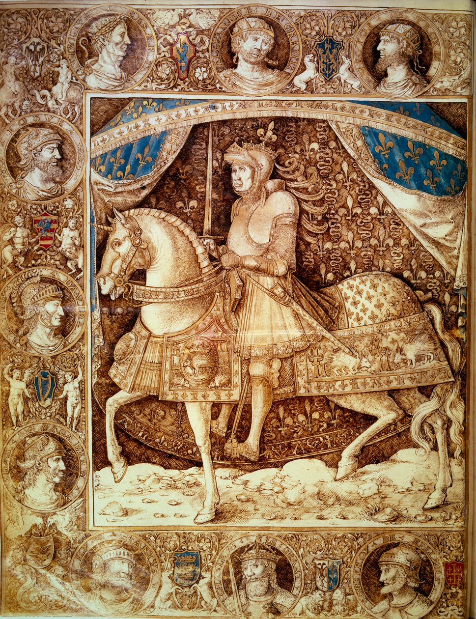 صورة الفروسية للويس الثاني عشر (1462 - 1515) ، ملك فرنسا. صورة مصغرة في "" Chronicles "" ، ورقة 1v ، بقلم Enguerrand de Monstrelet (1390؟ -1453) ، الإصدار 1510. باريس بي إن بواسطة فنان غير معروف