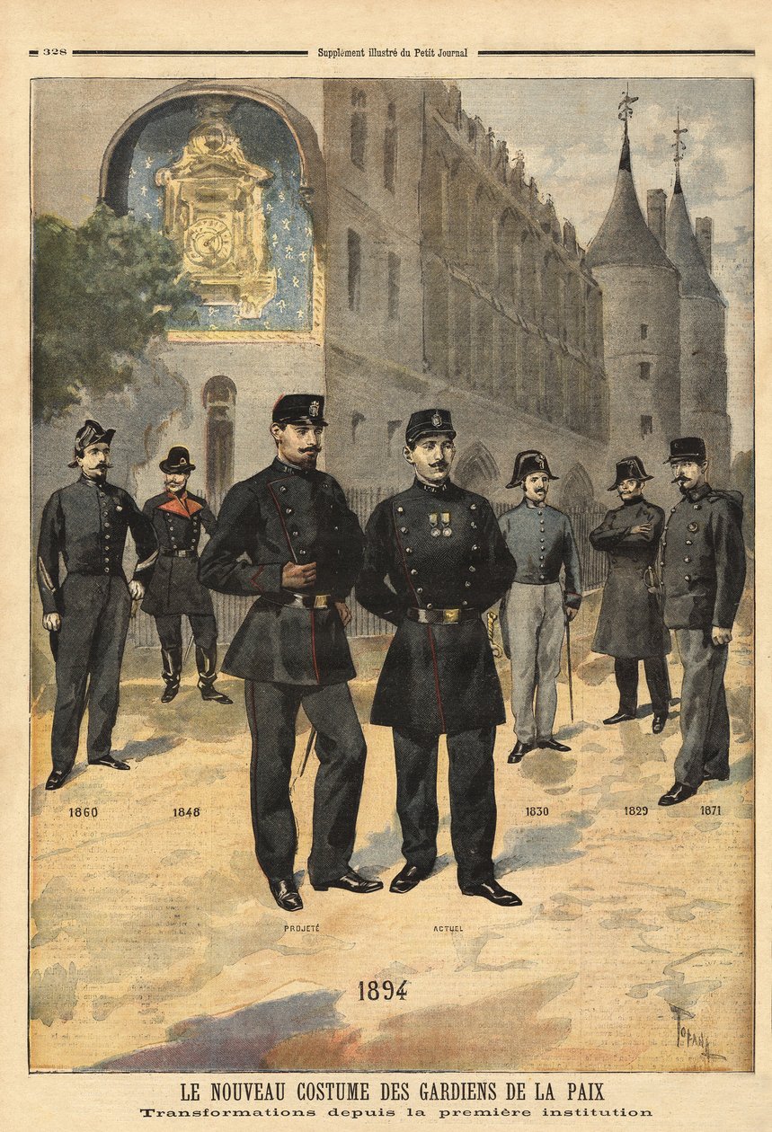 تطور الزي الرسمي لقوات حفظ السلام (أو رقباء المدينة) من عام 1860 إلى عام 1894 ، أمام برج الساعة في الكونسيرج ، باريس. نقش في "" مجلة Le petit "" 09/1894. مجموعة سيلفا. بواسطة فنان غير معروف