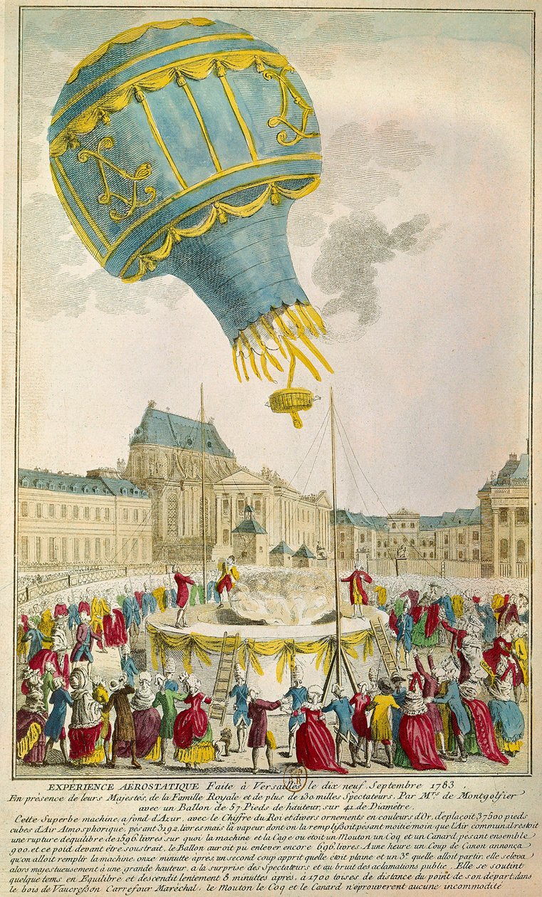 تجربة الأخوين مونتغولفييه بتاريخ 19/09/1783 في فرساي بباريس. BN بواسطة فنان غير معروف