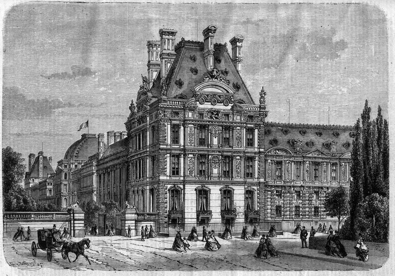 منظر خارجي لـ Pavillon de Flore ، في Palais des Tuileries ، و Galerie du bord de l'eau في باريس - نقش في "" Le Journal Illustrée " بواسطة فنان غير معروف