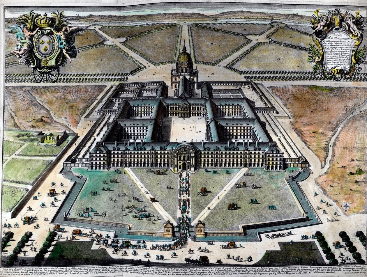 منظر خارجي لفندق des Invalides في باريس في القرن الثامن عشر. نقش القرن الثامن عشر. مجموعة خاصة. بواسطة فنان غير معروف
