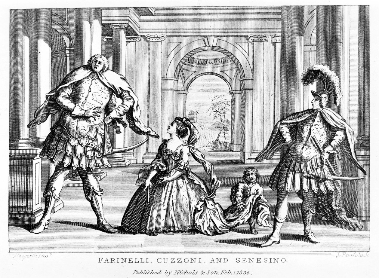 Farinelli (Carlo Broschi، dit؛ 1705 - 1782) مع السوبرانو كوزوني والمخصي فرانشيسكو برناردو سينسينو (1680 - 1750) في أوبرا جورج فريدريك هاندل (جورج فريدريش هاندل) بواسطة فنان غير معروف