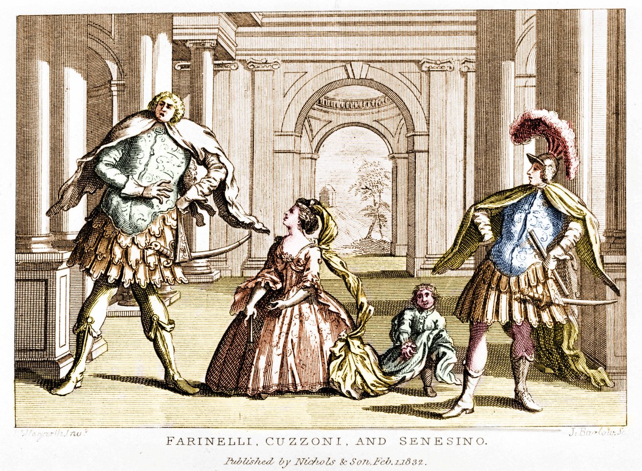Farinelli (Carlo Broschi، dit؛ 1705 - 1782) مع السوبرانو كوزوني والمخصي فرانشيسكو برناردو سينسينو (1680 - 1750) في أوبرا جورج فريدريك هاندل (جورج فريدريش هاندل) بواسطة فنان غير معروف