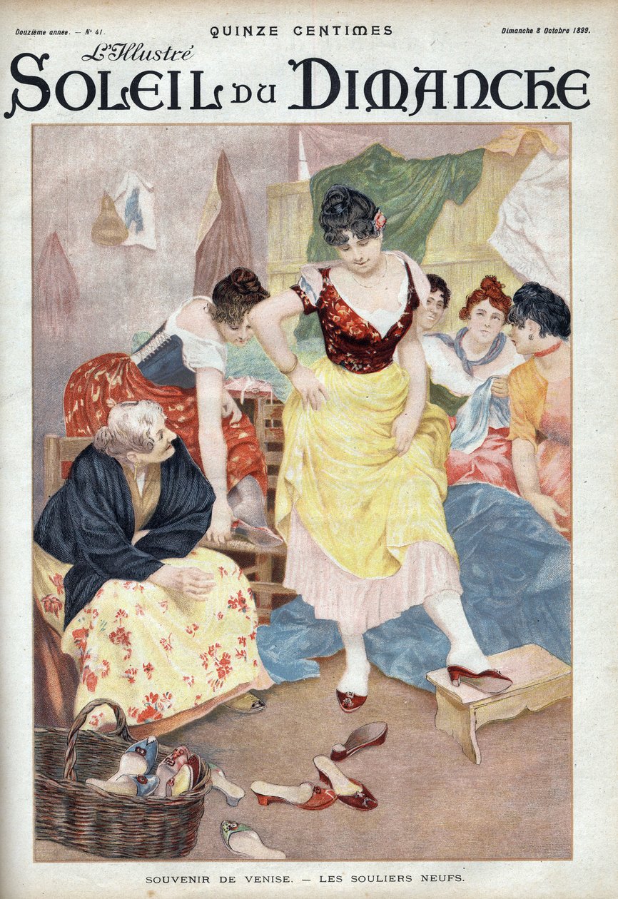أزياء أواخر القرن التاسع عشر: أحذية جديدة من البندقية. نساء يجربن الأحذية من المدينة الإيطالية. نقش في "Le sun-du-dimanche" ، 8 أكتوبر بواسطة فنان غير معروف