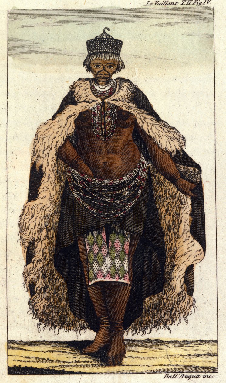 عضوة من قبيلة Hottentots في جنوب إفريقيا ، نقش عام 1820. بواسطة فنان غير معروف