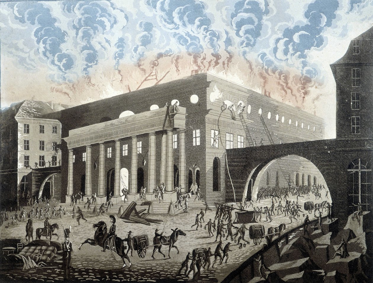 حريق الأوديون في باريس عام 1820. بواسطة فنان غير معروف