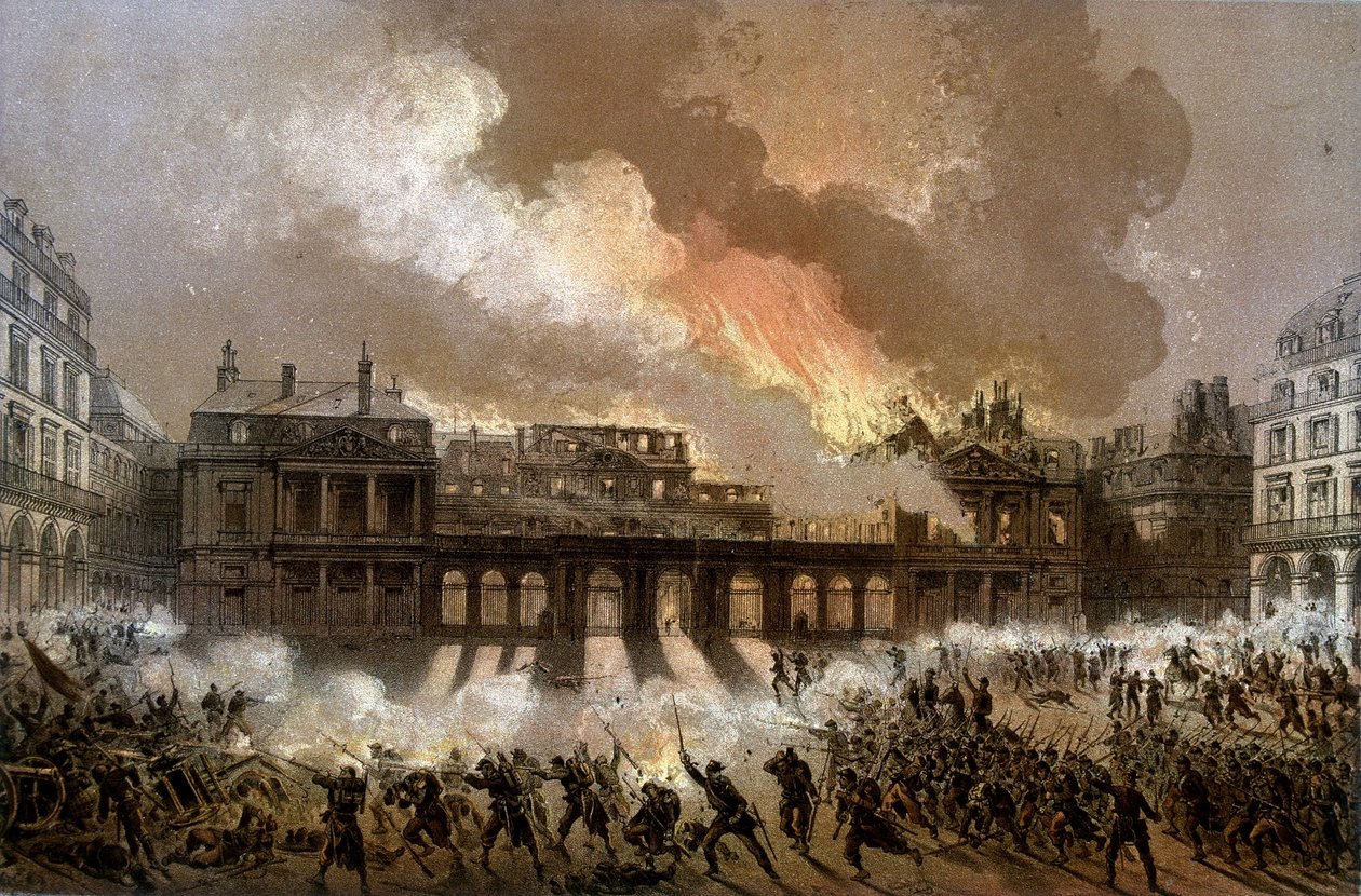 حريق القصر الملكي في 24 مايو 1871 - الطباعة الحجرية أواخر القرن التاسع عشر بواسطة فنان غير معروف