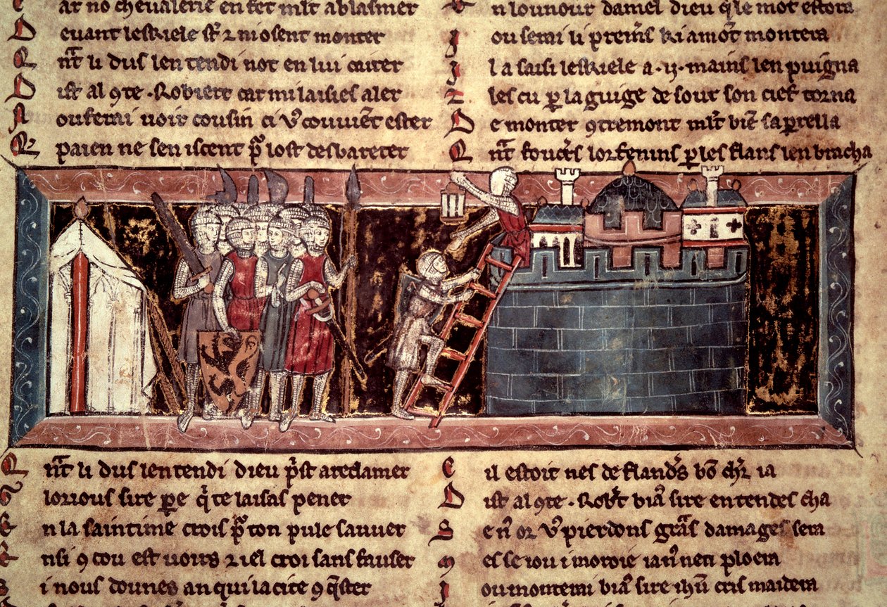 الحملة الصليبية الأولى: "وصول الحروب الصليبية قبل القدس". صورة مصغرة من "" Chevalier au Swan et Godefroi de Bouillon "" بواسطة فنان غير معروف