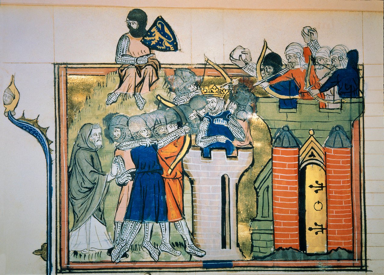 الحملة الصليبية الأولى: Godefroi (أو Godefroy) من Bouillon (1058-1100) في برج دائري هاجمت القدس في 1099. صورة مصغرة من "" Roman De Godefroy De Bouillon et de Saladin "" بواسطة فنان غير معروف