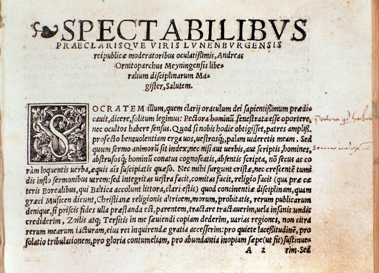 الصفحة الأولى من "De arte cantandi micrologus" بقلم Andree Ornitoparchi (Andreas Ornithoparchus) 1533 بولونيا ، المتحف الموسيقي المدني بواسطة فنان غير معروف