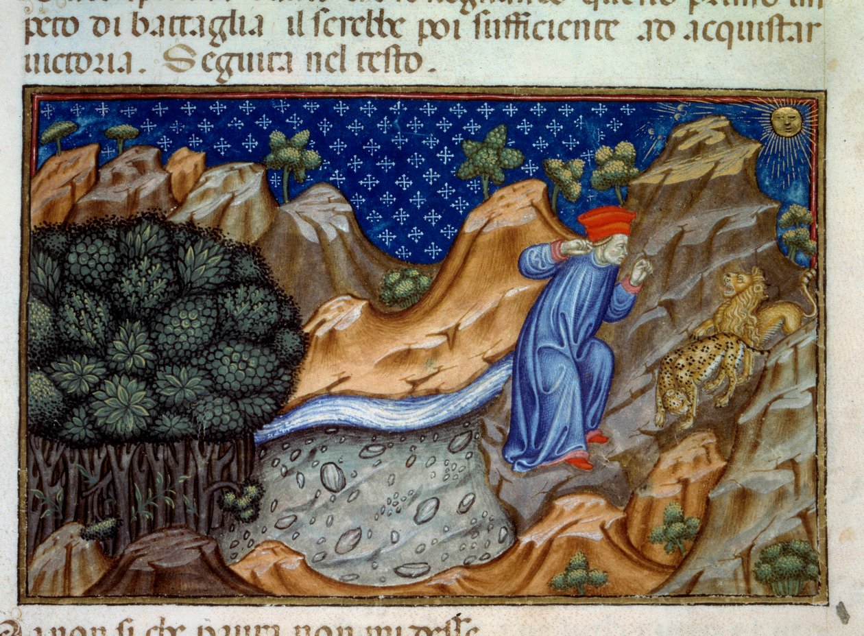 أول أغنية من الجحيم ، النمر يعارض مرور دانتي. رسم توضيحي لـ "" الكوميديا الإلهية "(Divina Commedia) لدانتي أليغيري (1265-1321). صورة مصغرة من مخطوطة من القرن الخامس عشر. باريس ، ب. بواسطة فنان غير معروف