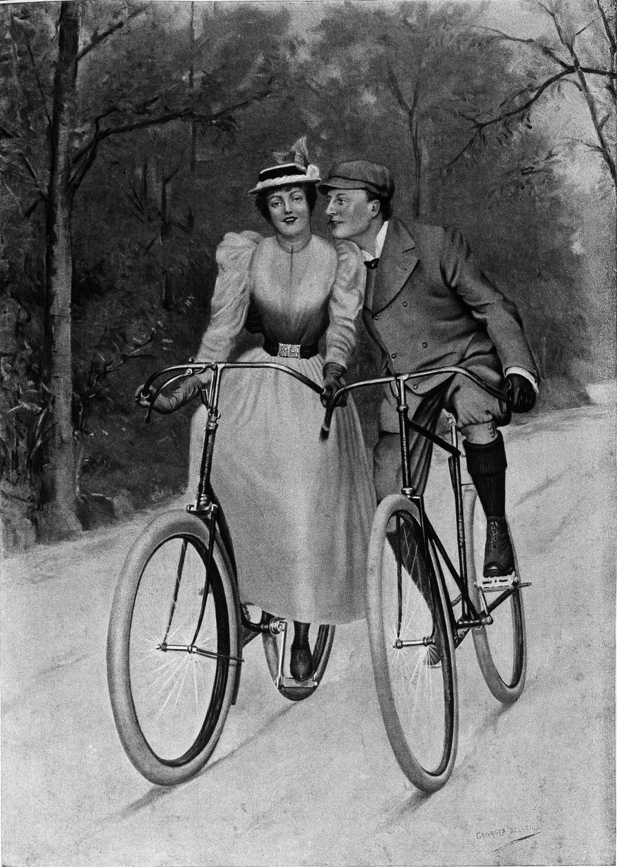 Flirt end of century: couple a bike - engraving بواسطة فنان غير معروف