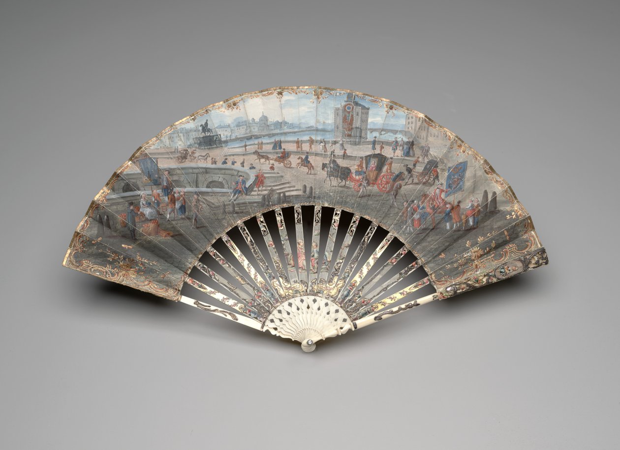 مروحة قابلة للطي مع إطلالة على Pont Neuf ، حوالي 1755-60 (الغواش والألوان المائية على ورقة من الرقي المزدوجة والعاج والتذهيب والغواش وعرق اللؤلؤ والأحجار الكريمة العجينة) بواسطة فنان غير معروف