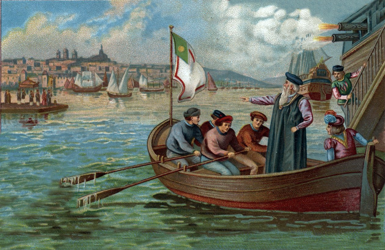 مراكز التسوق السابقة: عودة فاسكو دي جاما (1469-1524) ، ملاح برتغالي إلى بورتو ، البرتغال. الطباعة الحجرية الملونة في أواخر القرن التاسع عشر بواسطة فنان غير معروف