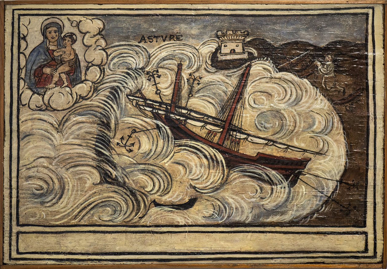 بحار فوتو سابقًا (ex voto) ، عرض شعبي كتعهد بالتفاني والامتنان للبحار الناجي من مخاطر البحر القادمة من كنيسة كارمين ، توري ديل جريكو ، بالقرب من نابولي في القرن التاسع عشر بإيطاليا بواسطة فنان غير معروف