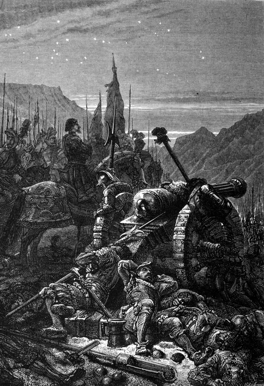 ظل فرانسوا الأول (1494 - 1547) في السرج في الليلة التي سبقت معركة مارينيان ، سبتمبر 1515. نقش من القرن التاسع عشر. بواسطة فنان غير معروف
