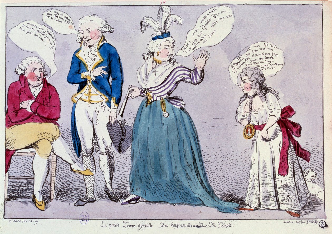 الثورة الفرنسية: رسم كاريكاتوري ضد عائلة الملكة ماري أنطوانيت (1755-1793) ولويس السادس عشر في سجن تيمبل. الملكة وأخت الملك مدام إليزابيث يتجادلان تحت أعين الملك. كلماتهم مكتوبة في فقاعات بواسطة فنان غير معروف