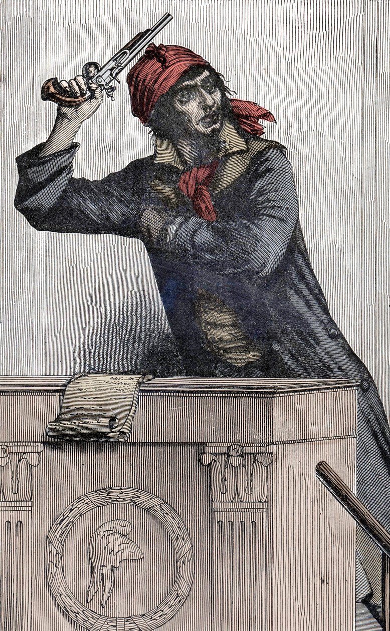 الثورة الفرنسية: صورة جان بول مارات (1743-1793) ، مندوب مونتانيار في المؤتمر ، يغرس مسدسًا على المنصة - بواسطة فنان غير معروف