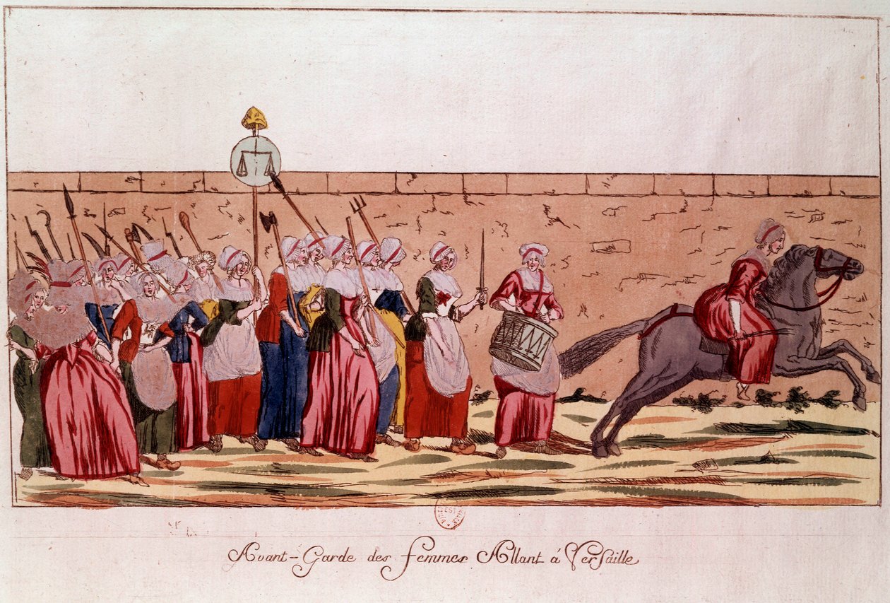 الثورة الفرنسية عام 1789: ذهاب النساء الطليعات إلى فرساي في 5 أكتوبر 1789. نقش من القرن الثامن عشر. باريس ، ب. بواسطة فنان غير معروف
