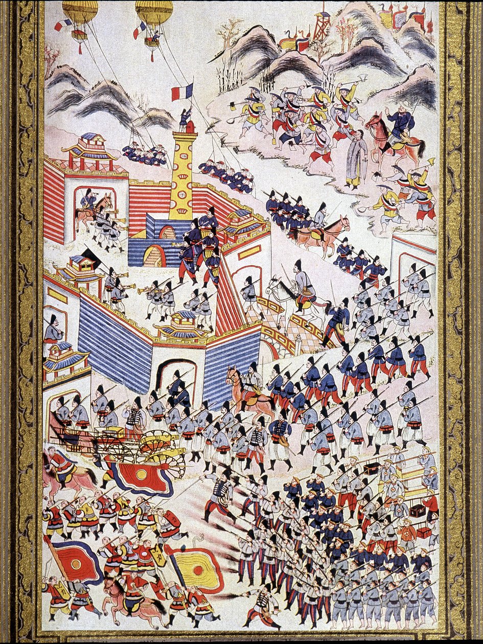 بالونات أسيرة فرنسية عند الاستيلاء على هونغ هوا في تونكين ، أغسطس 1884. بواسطة فنان غير معروف