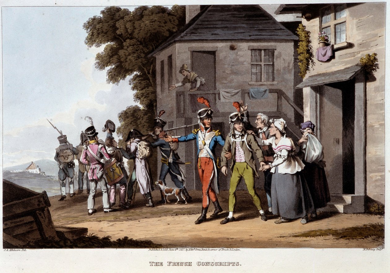 المجندون الفرنسيون ، حوالي عام 1814 - في "" النوادر والحوادث التاريخية والعسكرية والبحرية التي وصلت إلى أحضان بريطانيا العظمى وحلفائها ، وانتهت في واترلو "بقلم إدوارد أورني بواسطة فنان غير معروف